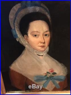 Antique Portrait Of a Woman New England Folk Art Painting Att William Jennys