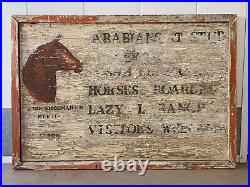 Antique Primitive American Folk Art Arabian Horse Ranch Painted Wood Sign 40s