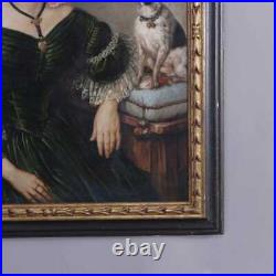 Antique Primitive Folk Art Oil Painting On Canvas Portrait Of A Maiden & Her Dog