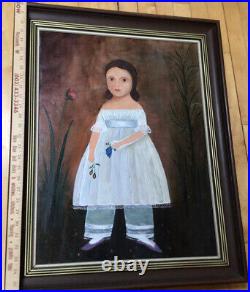 Antique Primitive Folk Art Oil Painting Portrait Young Sophisticated Girl