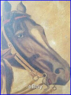 Antique Primitive Folk Art Painting of horses 1918 john richmond 14 x 21.5