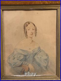 Antique Primitive Folk Art Portrait Watercolor Painting with Birdseye Maple Frame