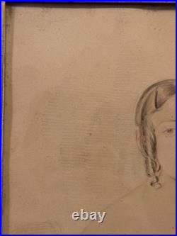 Antique Primitive Folk Art Portrait Watercolor Painting with Birdseye Maple Frame