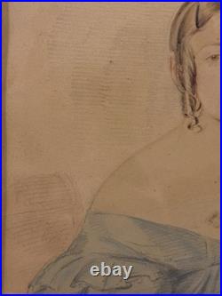 Antique Primitive Folk Art Portrait Watercolor Painting with Birdseye Maple Frame