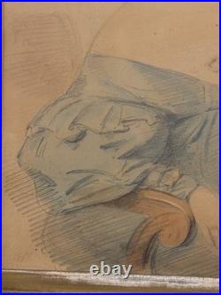 Antique Primitive Folk Art Portrait Watercolor Painting with Birdseye Maple Frame