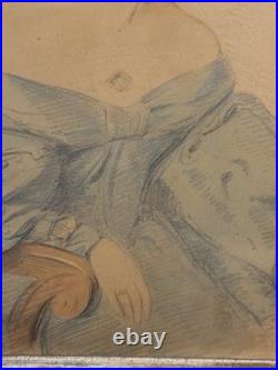 Antique Primitive Folk Art Portrait Watercolor Painting with Birdseye Maple Frame