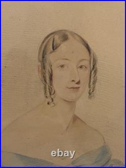 Antique Primitive Folk Art Portrait Watercolor Painting with Birdseye Maple Frame