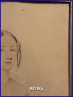 Antique Primitive Folk Art Portrait Watercolor Painting with Birdseye Maple Frame