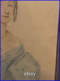 Antique Primitive Folk Art Portrait Watercolor Painting with Birdseye Maple Frame