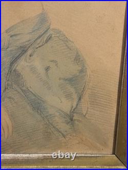 Antique Primitive Folk Art Portrait Watercolor Painting with Birdseye Maple Frame