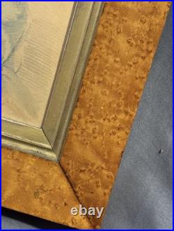 Antique Primitive Folk Art Portrait Watercolor Painting with Birdseye Maple Frame