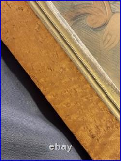 Antique Primitive Folk Art Portrait Watercolor Painting with Birdseye Maple Frame