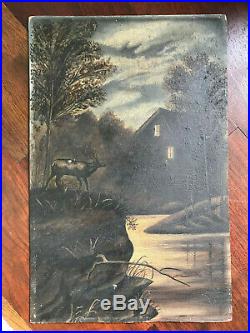 Antique Primitive Folk Art Still Life Deer Landscape Oil Painting On Board
