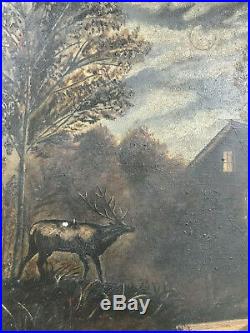 Antique Primitive Folk Art Still Life Deer Landscape Oil Painting On Board