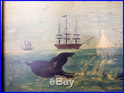 Antique Primitive Folk Art Whaling Oil on Panel Painting Signed by R Costa 1840s