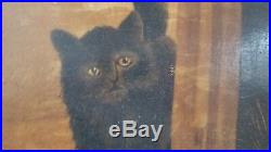 Antique Primitive Folk Art black cat puppies painting dated 1919 john richmond