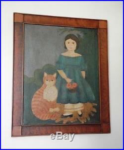 Antique Primitive Oil on Canvas Painting Folk Art Portrait Child & Cat Framed