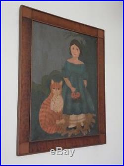 Antique Primitive Oil on Canvas Painting Folk Art Portrait Child & Cat Framed