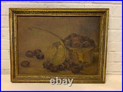 Antique Primitive Still Life Painting of Pan Full of Fruit Overflowing
