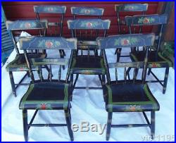 Antique Rare Set of 8 Decorated Chairs Painted Folk Art Dinning Chairs