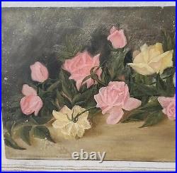 Antique Rose Oil Painting Signed History On Canvas Dated Christmas 1900