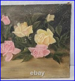 Antique Rose Oil Painting Signed History On Canvas Dated Christmas 1900