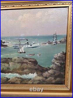 Antique Seth Steward Oil Painting Monhegan Harbor Maine Coastal Ships Folk Art