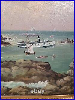 Antique Seth Steward Oil Painting Monhegan Harbor Maine Coastal Ships Folk Art
