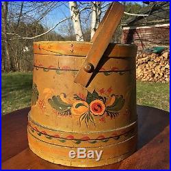Antique Shaker Style Finger Banded Folk Art Painted Firkin Pantry Bucket, Signed