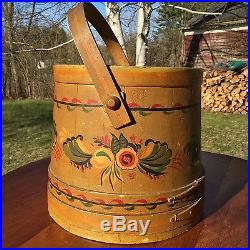 Antique Shaker Style Finger Banded Folk Art Painted Firkin Pantry Bucket, Signed