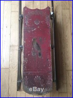 Antique Sleigh Sled Folk Art Paint Decorated Red w BIRD OOAK 19c -early- 20c