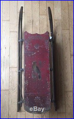 Antique Sleigh Sled Folk Art Paint Decorated Red w BIRD OOAK 19c -early- 20c