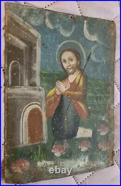 Antique Spanish Colonial Retablo Jesus Christ Painting Mexican Santo 19th c Folk