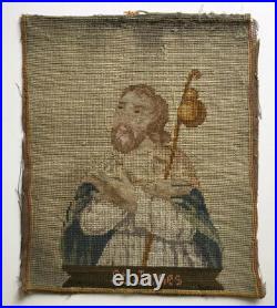 Antique St. James Religious Needlepoint Picture Textile Folk Art Needlework
