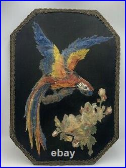 Antique VICTORIAN FOLK ART Painted 3D Paper Mache PARROT on Black Silk RARE