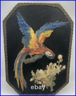 Antique VICTORIAN FOLK ART Painted 3D Paper Mache PARROT on Black Silk RARE