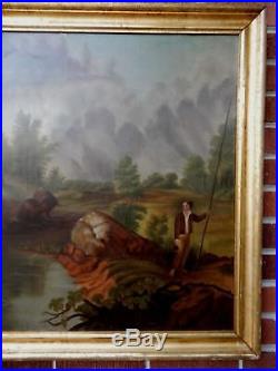 Antique VICTORIAN Folk ART PRIMITIVE Large Landscape BOY FISHING Oil Painting