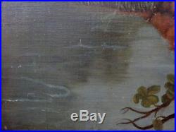 Antique VICTORIAN Folk ART PRIMITIVE Large Landscape BOY FISHING Oil Painting