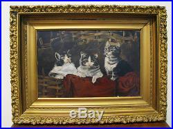 Antique VICTORIAN OIL ON BOARD PAINTING 3 CATS/KITTENS FOLK ART STYLE