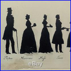 Antique Victorian Full Length Family Portrait Folk Art Silhouette Painting c1840