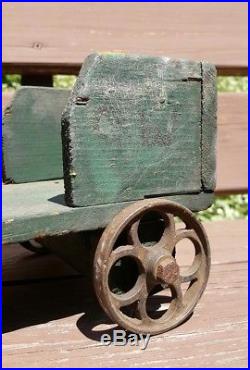 Antique Victorian Homemade Folk Art Toy Train Steam Engine Wood Iron Old Paint