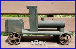 Antique Victorian Homemade Folk Art Toy Train Steam Engine Wood Iron Old Paint