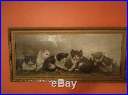 Antique Victorian Kittens Folk Art Oil Painting