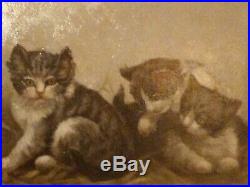 Antique Victorian Kittens Folk Art Oil Painting
