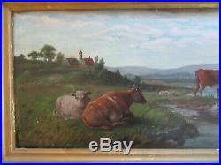 Antique Victorian Original Oil Painting Cows Pasture Country Primitive Folk Art