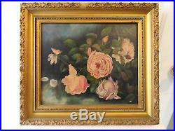 Antique Victorian Still Life Floral Oil Painting 15x17 Country Folk Art Signed