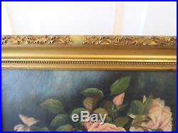 Antique Victorian Still Life Floral Oil Painting 15x17 Country Folk Art Signed