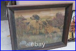 Antique Vintage 1950's Original Framed Watercolor Dogs Painting Folk Art 22x26