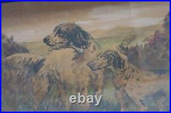 Antique Vintage 1950's Original Framed Watercolor Dogs Painting Folk Art 22x26