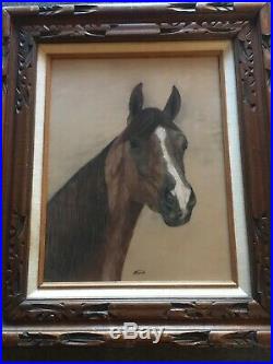 Antique Vintage Folk Art Portrait Of A Horse Equestrian Artist Signed Painting